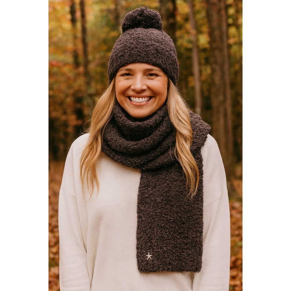NWT Barefoot Dreams CozyChic Pom Pom Beanie Scarf Set HE Espresso Cocoa One Size